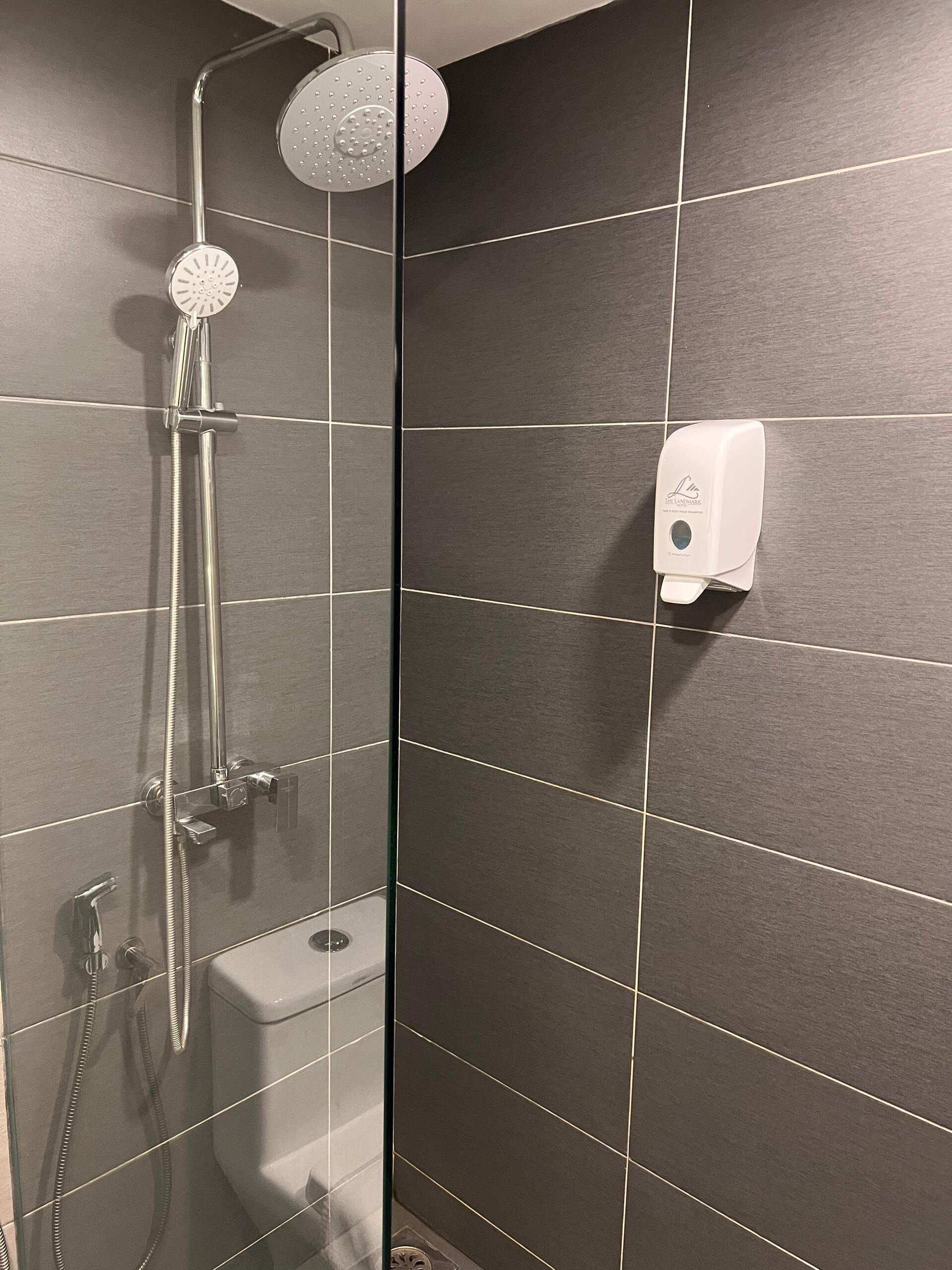A shower area with a handheld showerhead, a wall-mounted faucet, and a soap dispenser.
