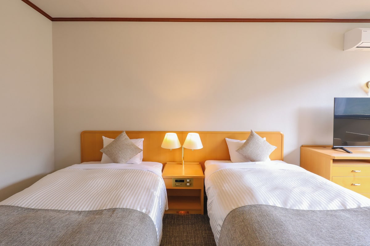 A hotel room with two single beds, a wooden headboard, bedside lamps, a TV, and a small wooden nightstand.