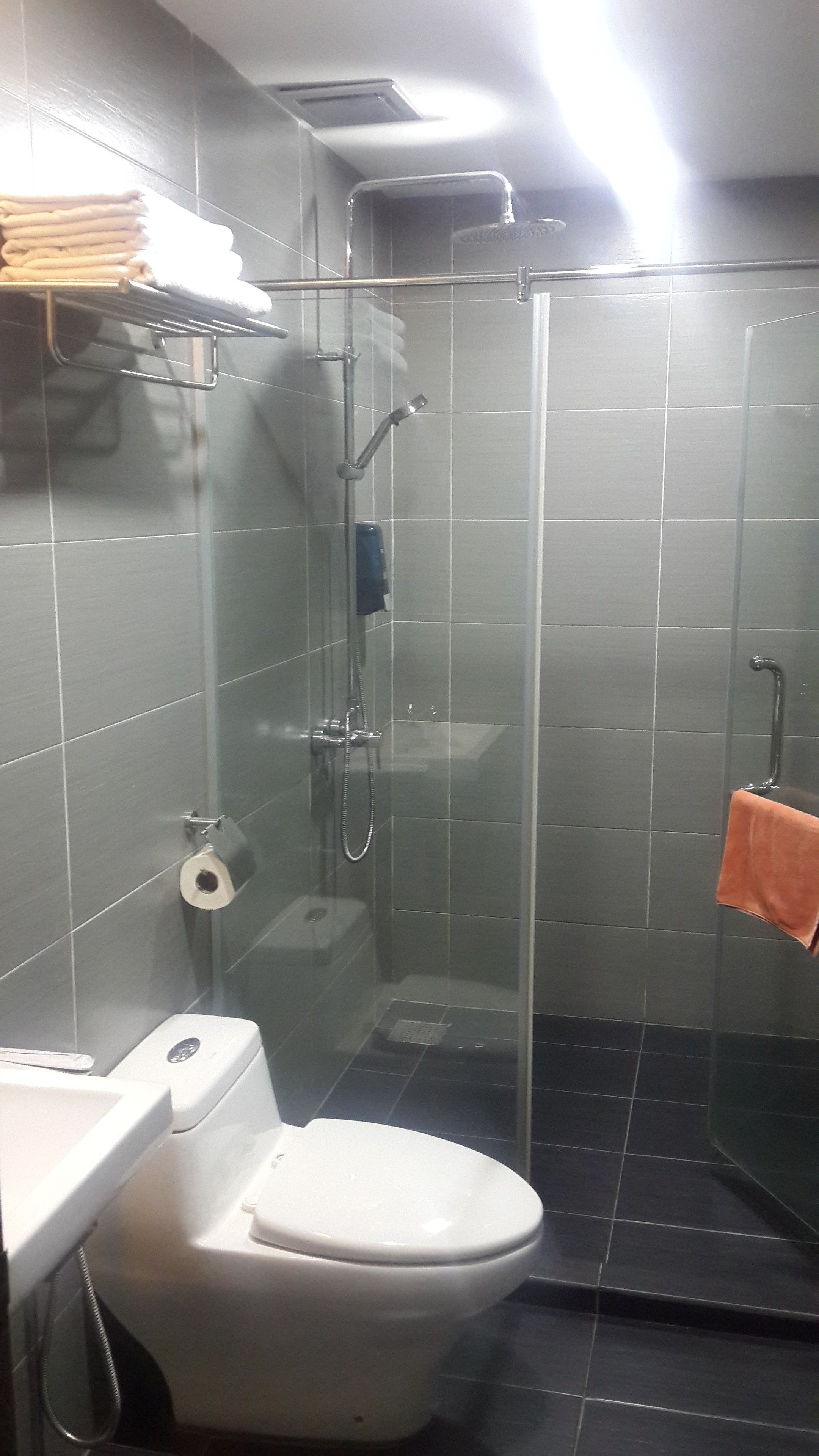 Un baño con inodoro, ducha con mampara de vidrio y un perchero para toallas.