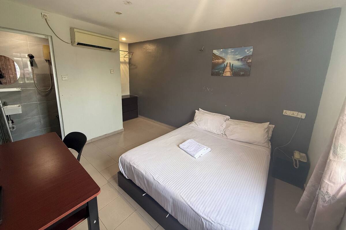 Une chambre avec un lit, un bureau, une douche et un tableau accroché au mur.
