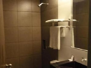 Shower, free toiletries, hair dryer, towels