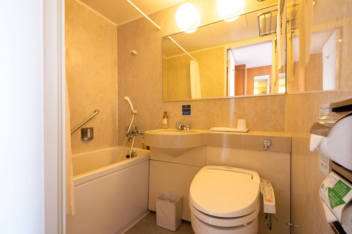 separate bathtub and shower, free toiletries, hair dryer, slippers