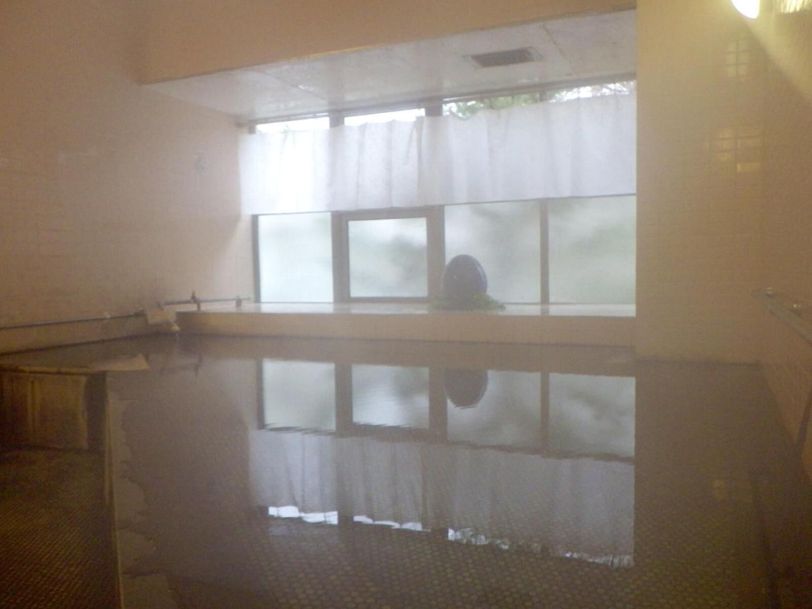 A room with a large window, a reflection on the floor, and a metal railing.