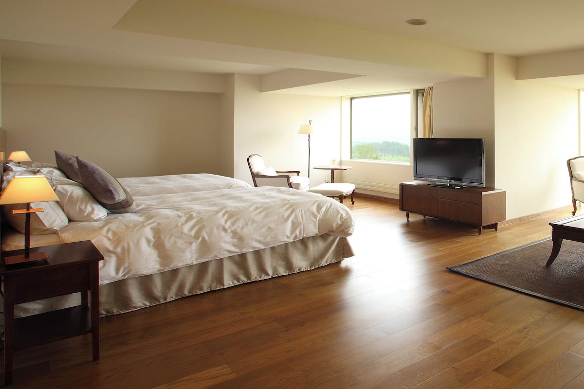 A hotel room with a large bed, a TV, a chair, a desk, and a window with a view.