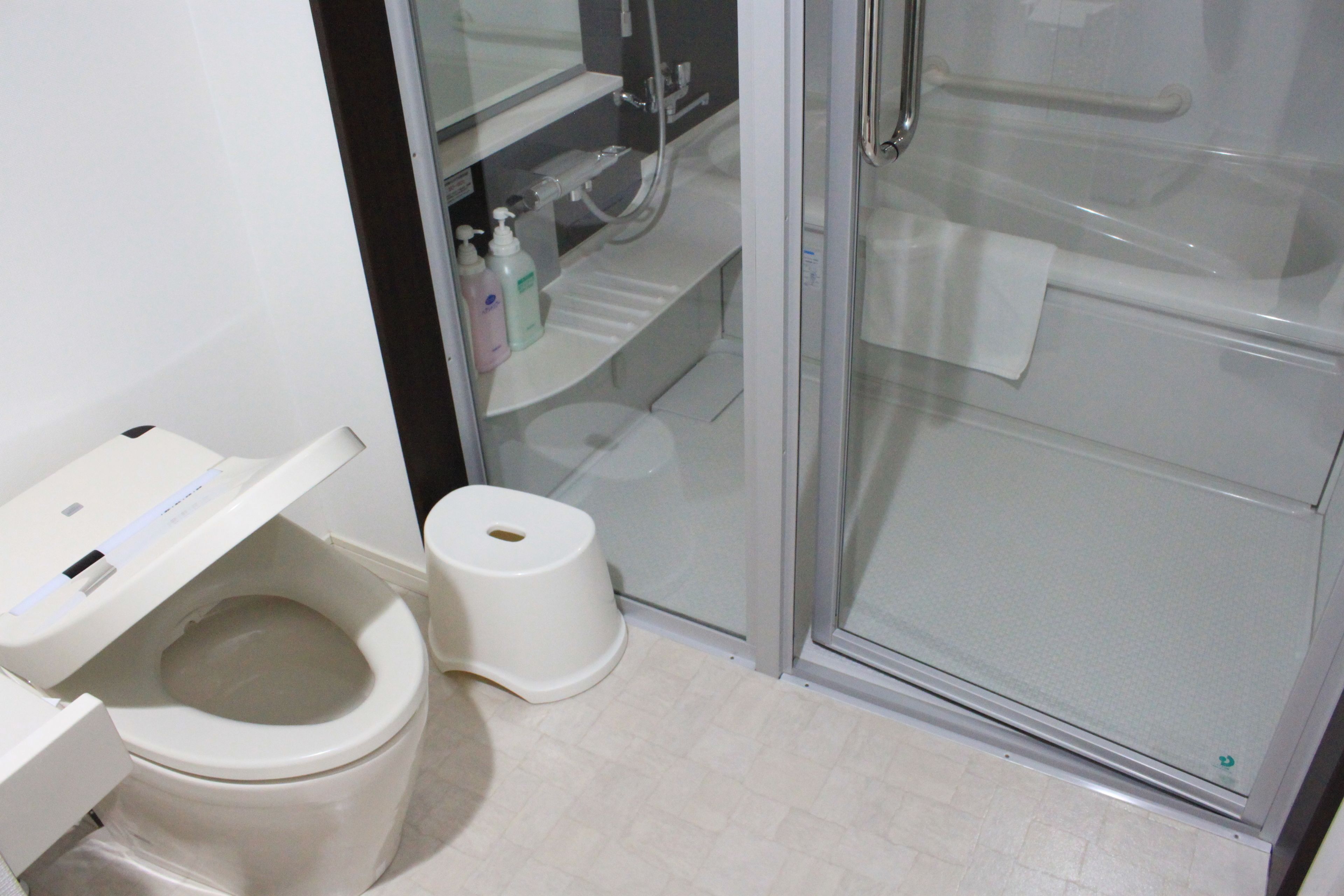 A bathroom with a toilet, a sink, and a shower enclosure.