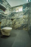 A bathroom with a toilet, marble walls, and a shower area.
