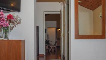 A hallway with wooden flooring, a wooden cabinet, a vase with flowers, a mirror, and a television.