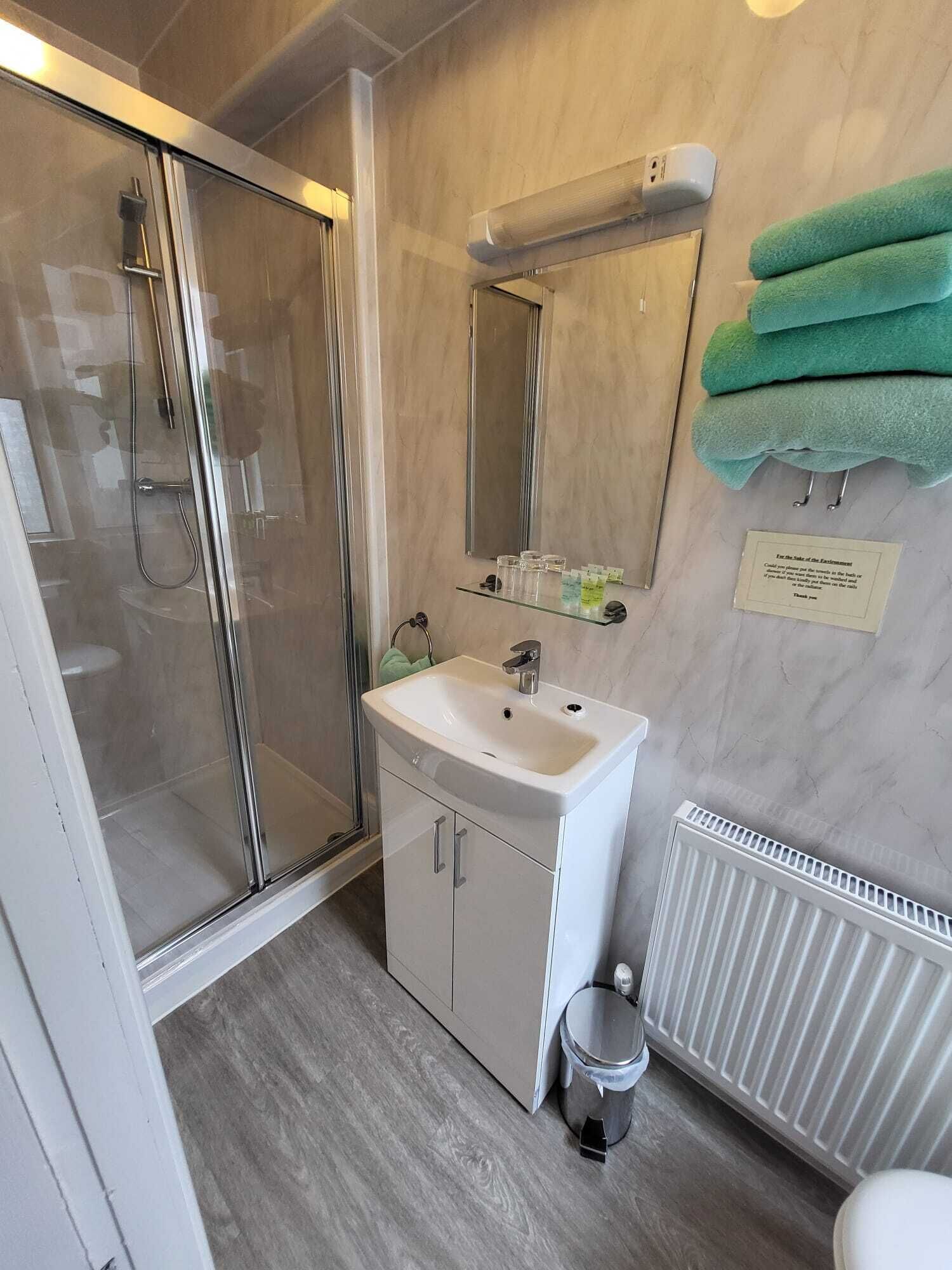 A bathroom with a glass shower enclosure, a sink with a mirror above it, a towel rack with green towels, and a radiator.