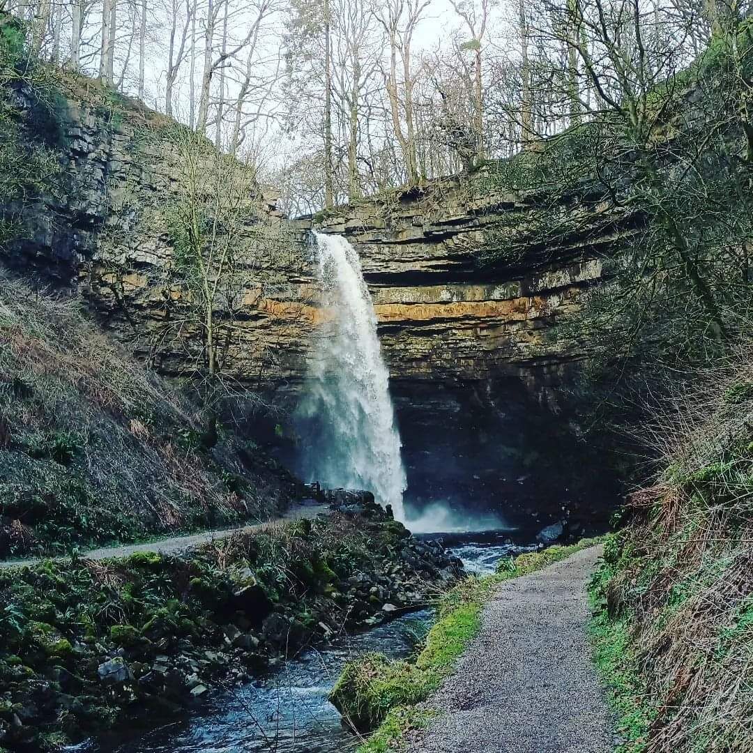 A waterfall cascading down a rocky cliff into a river, surrounded by trees and a path.