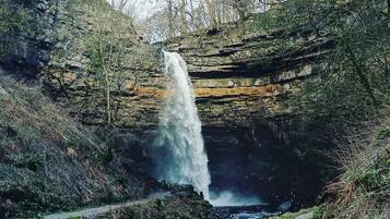 A waterfall cascading down a rocky cliff into a river, surrounded by trees and a path.
