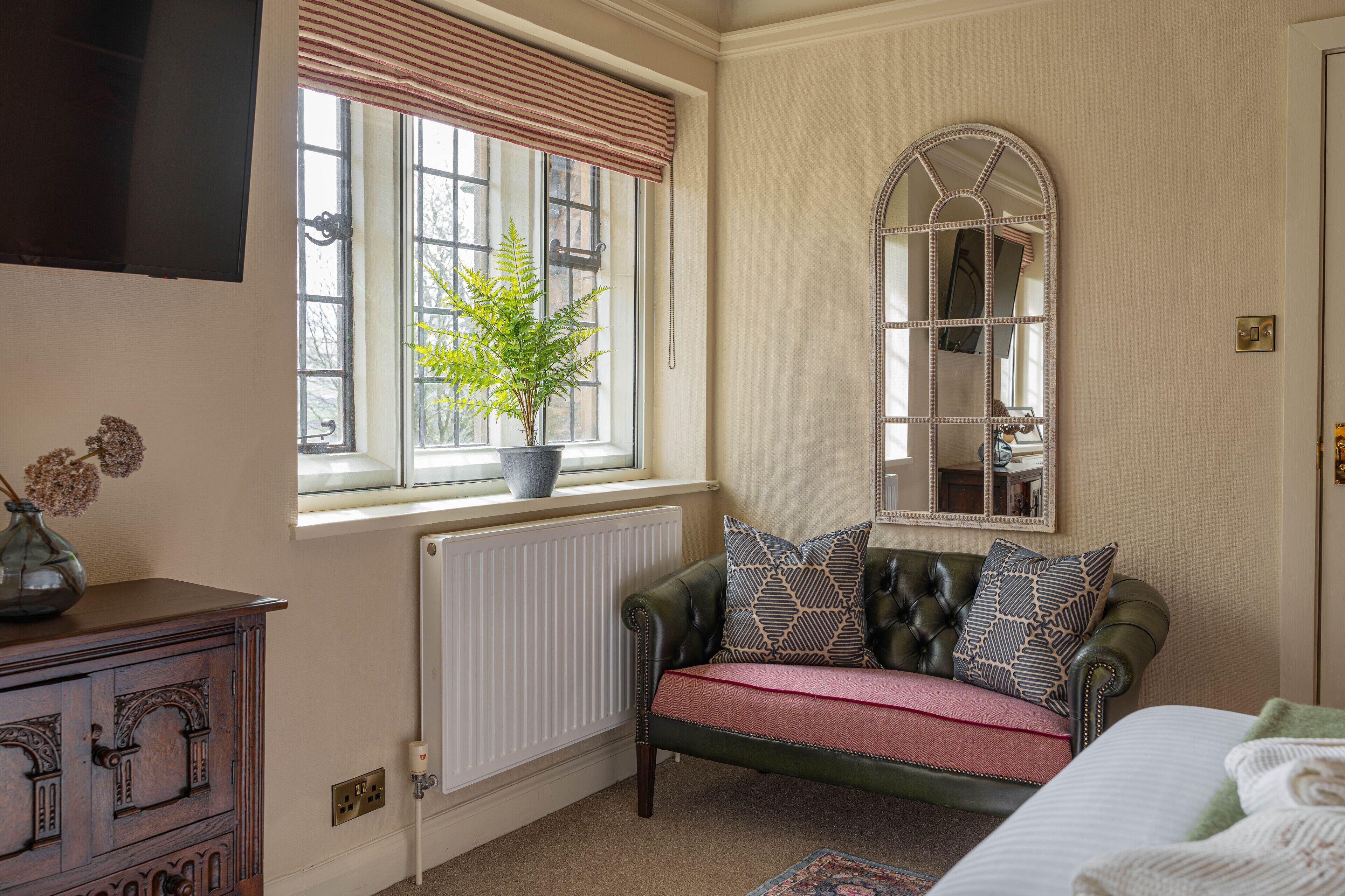 A cozy room with a green leather sofa, a large mirror, and a potted plant by the window.