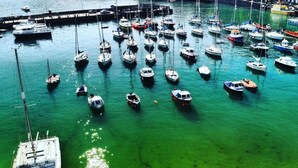 A marina with numerous boats docked, surrounded by greenery and hills. - The Royal Britannia (Ilfracombe)