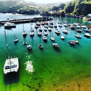 Un puerto deportivo con numerosos barcos amarrados, rodeado de vegetación y colinas.