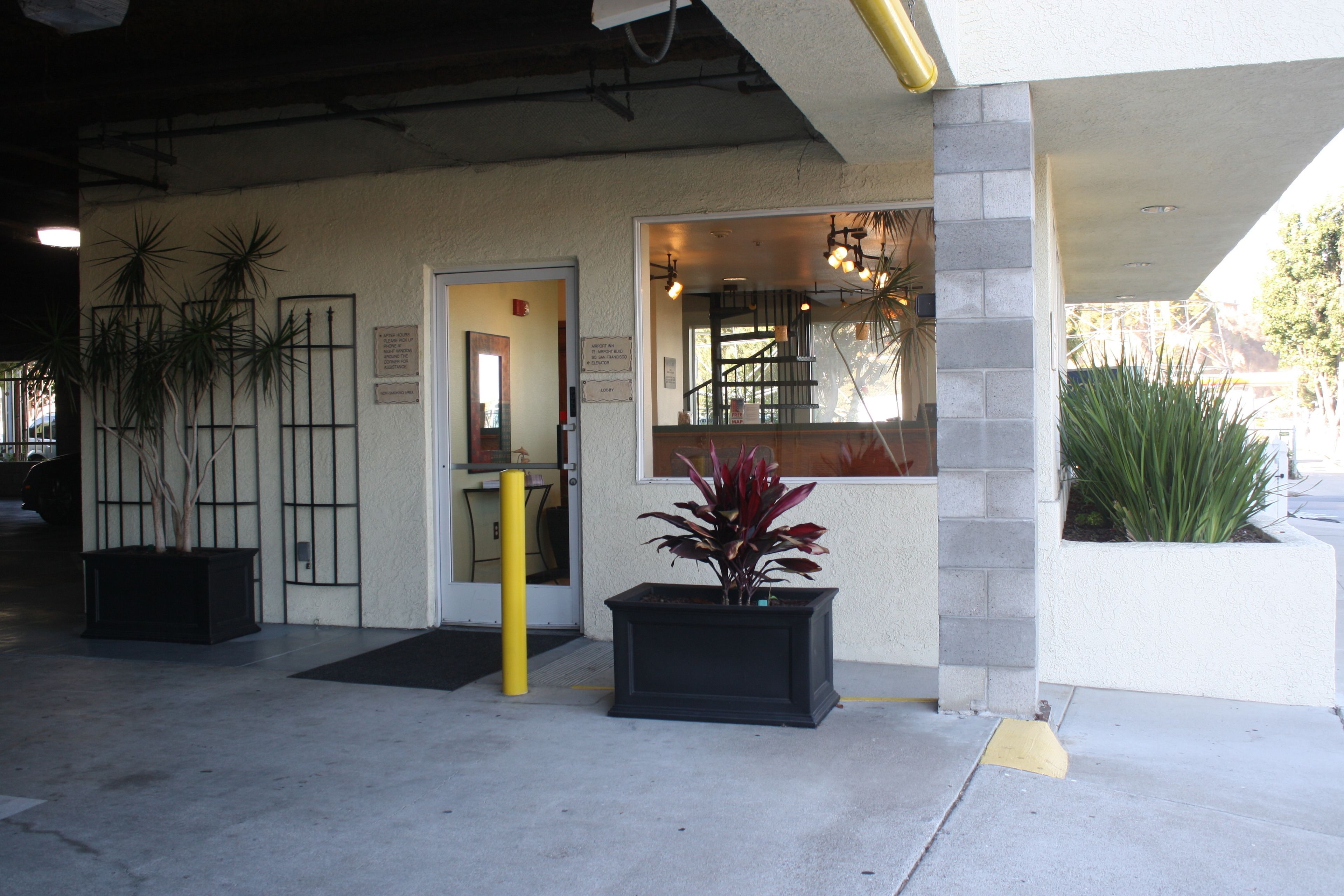 A building entrance with a door, potted plants, and a small window.