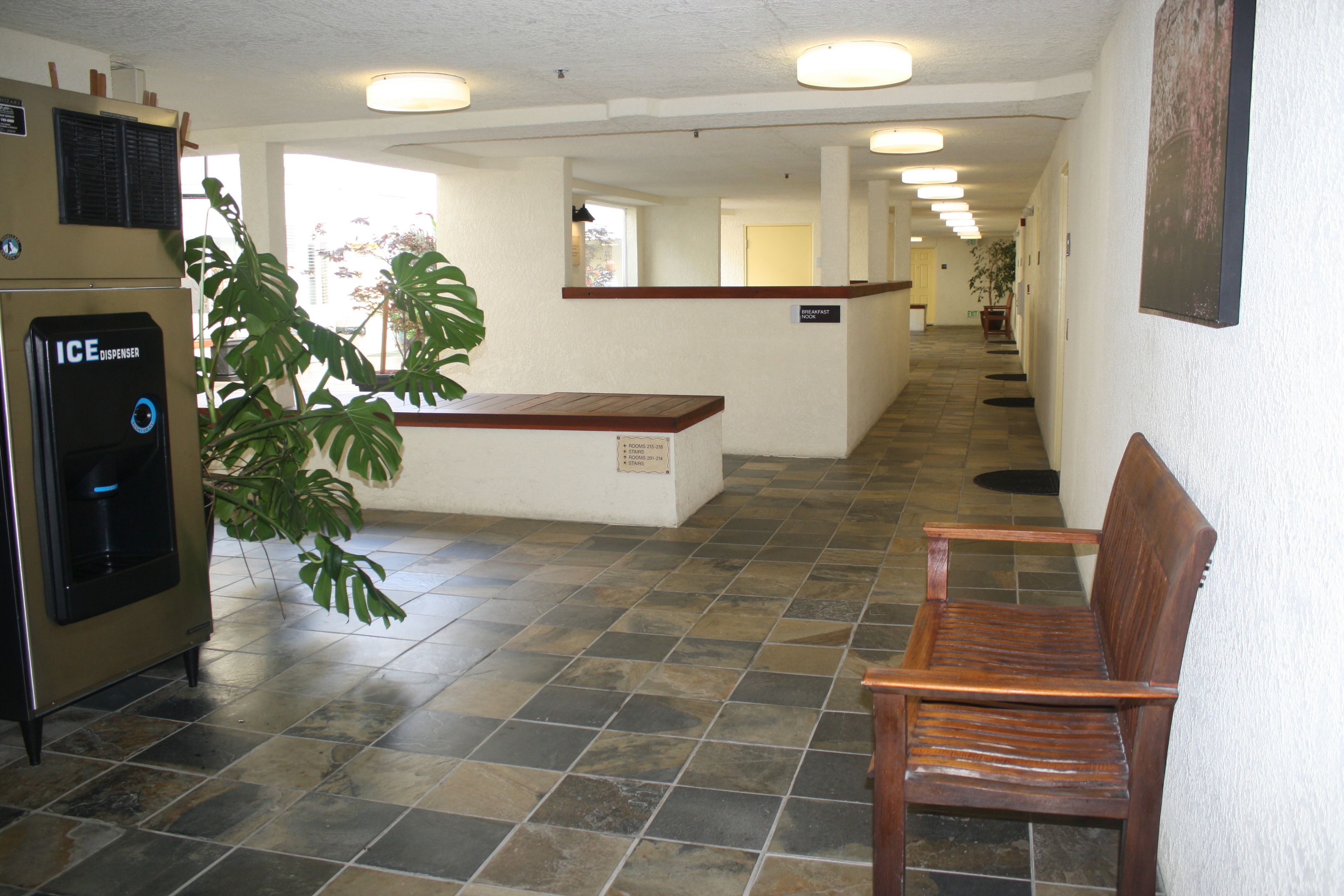 A reception area with a wooden bench, an ice dispenser, and a potted plant.