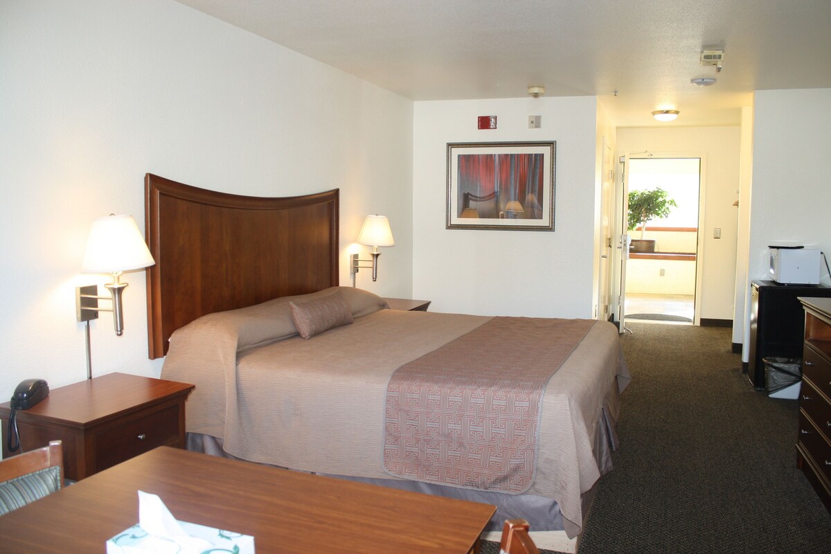 A hotel room with a bed, bedside lamps, a desk, a chair, a dresser, a framed picture on the wall, and a door leading to a balcony.