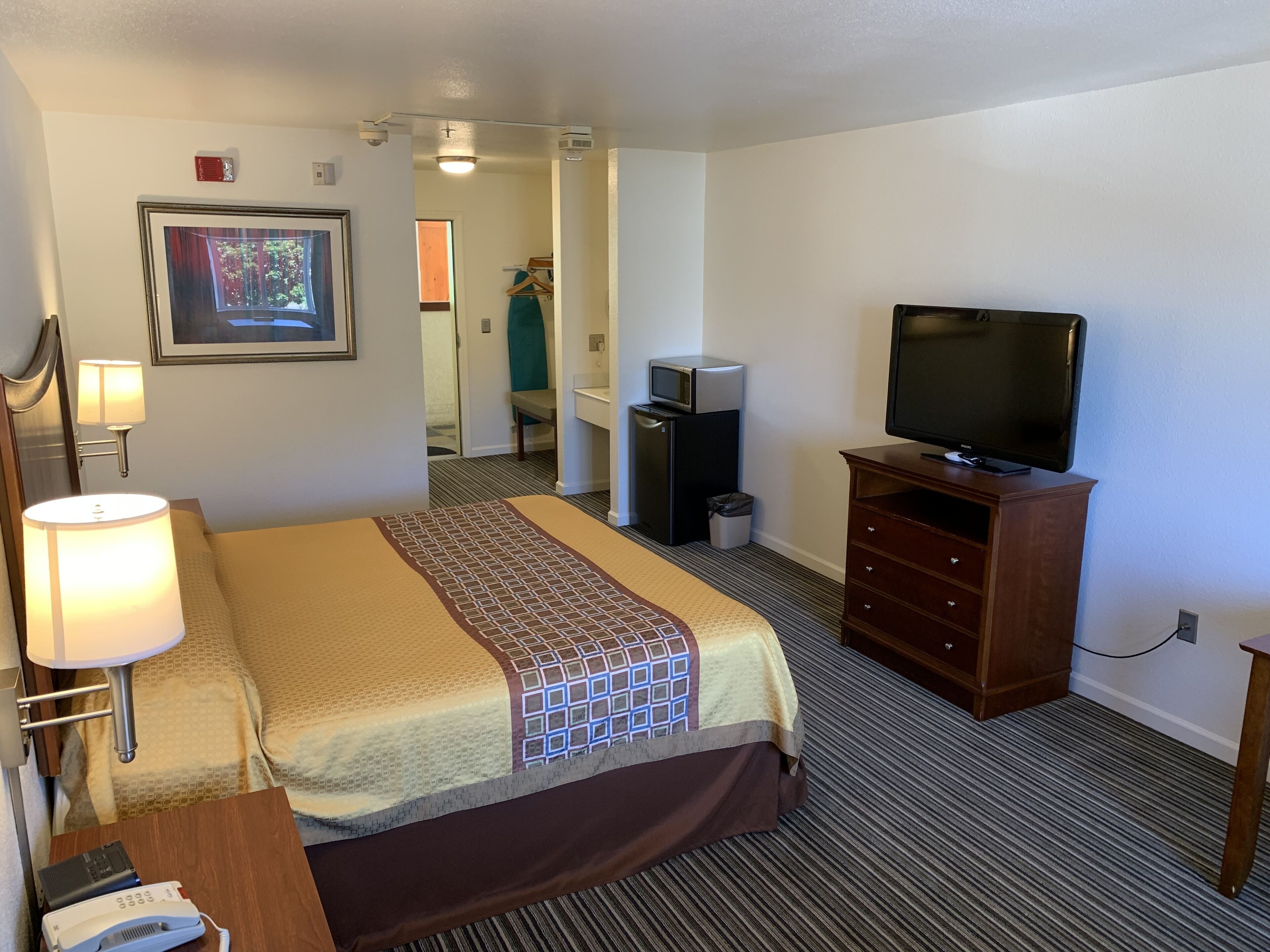 A hotel room with a bed, a television on a wooden stand, a desk with a lamp, a microwave, and a trash bin.