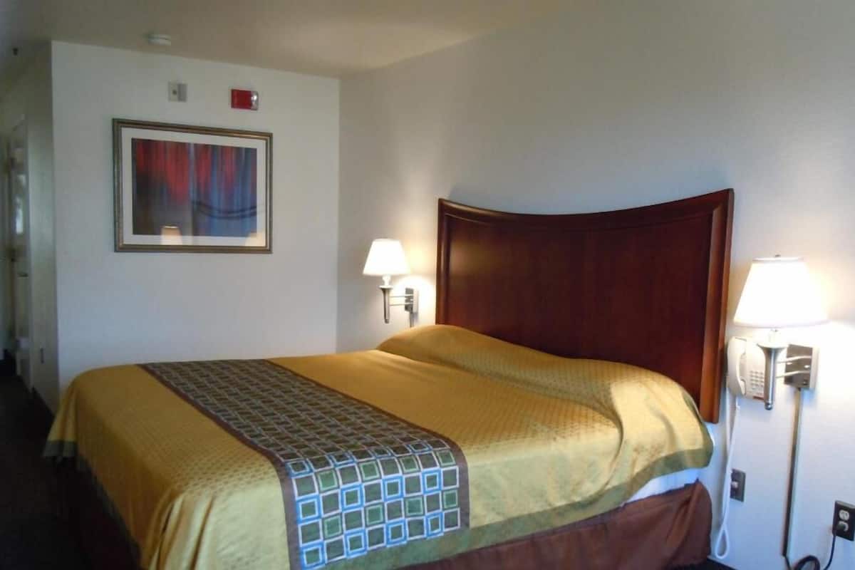A hotel room with a large bed, two bedside lamps, a telephone, and a framed picture on the wall.