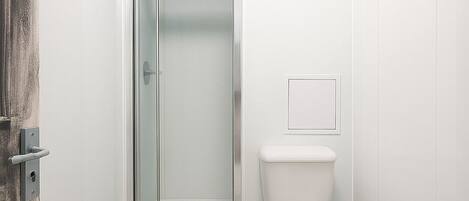 A bathroom with a glass-enclosed shower, a toilet, and a sink.