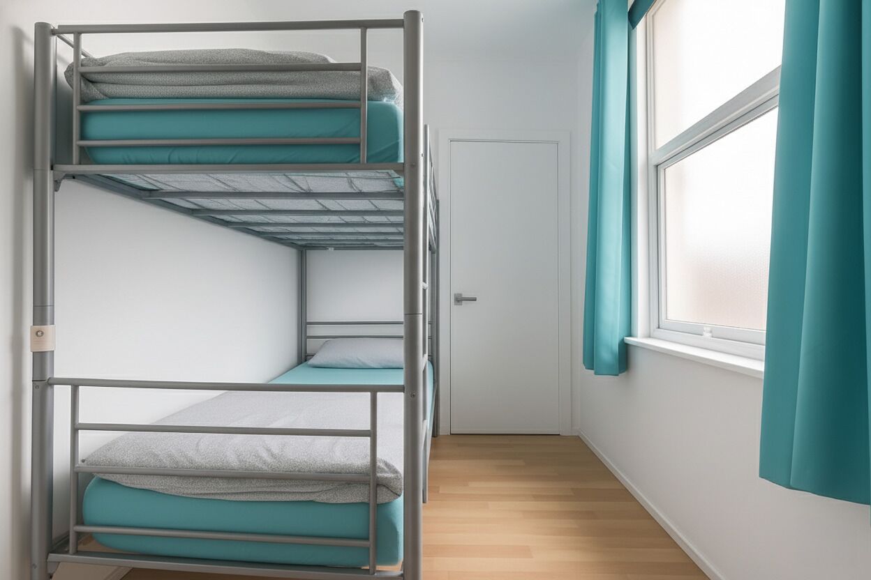 Ein Mehrbettzimmer mit türkisblau bezogenen Betten, Holzboden und einem Fenster mit türkisblauen Vorhängen.