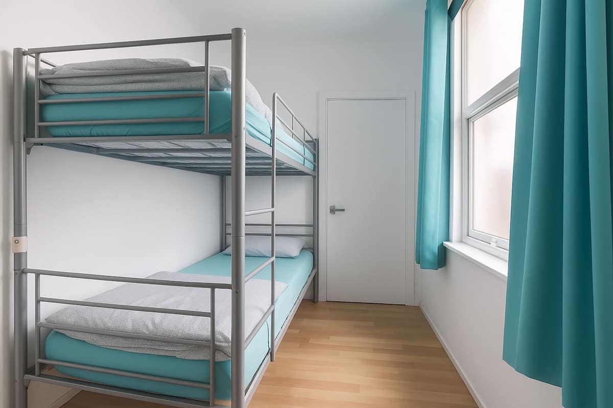 A bunk bed room with teal bedding, a wooden floor, and a window with teal curtains.