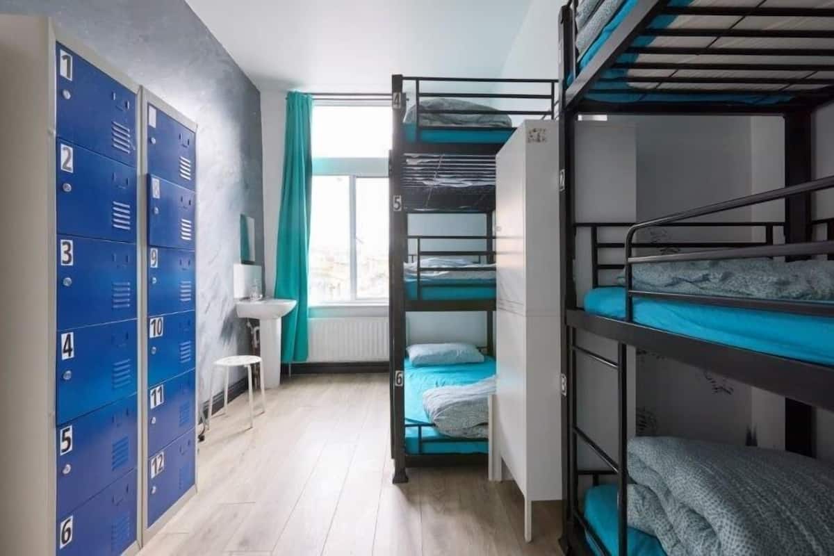 A dormitory room with bunk beds, a desk, and a window.