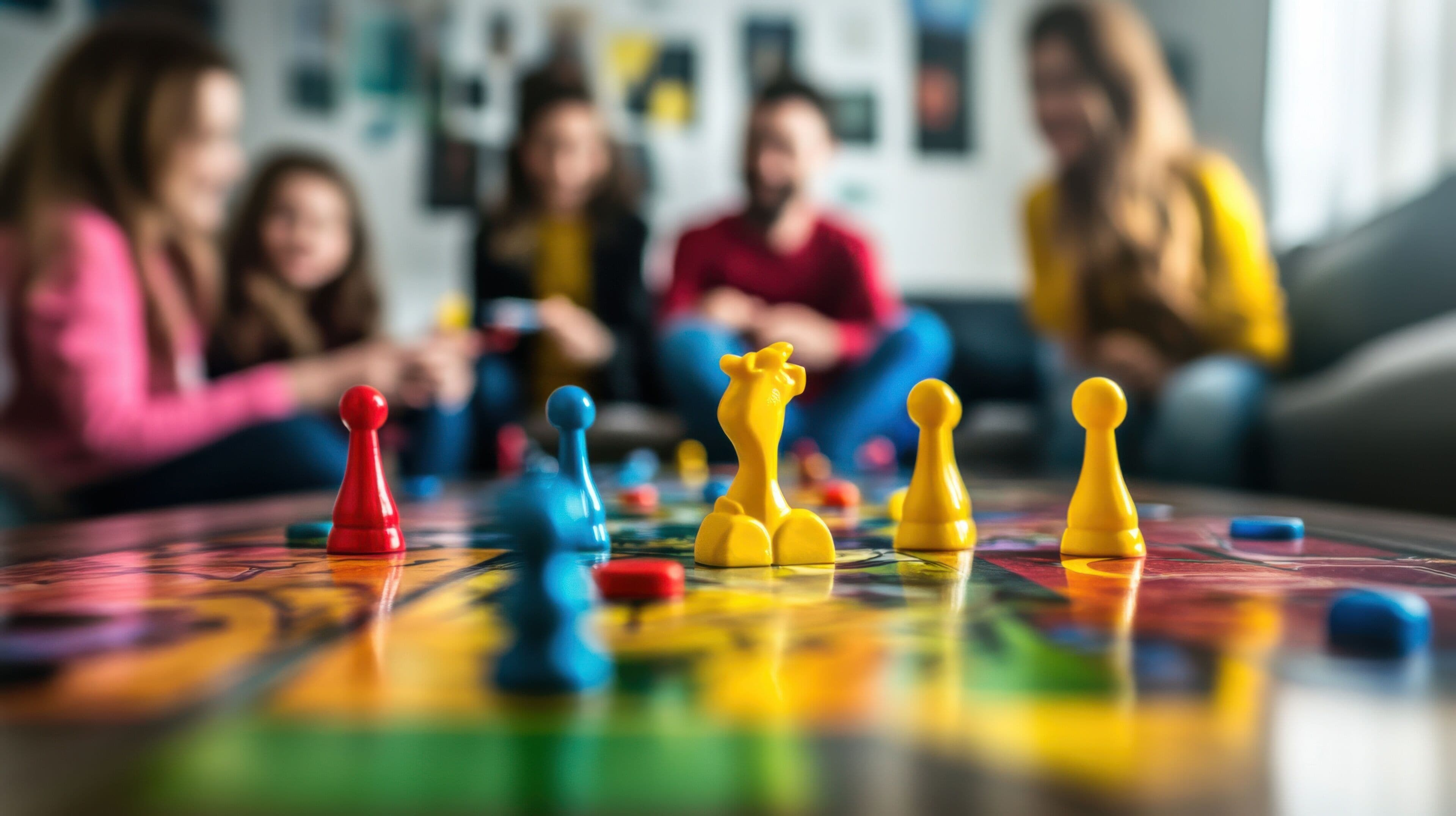 A group of people playing a board game with colorful pieces on a table.