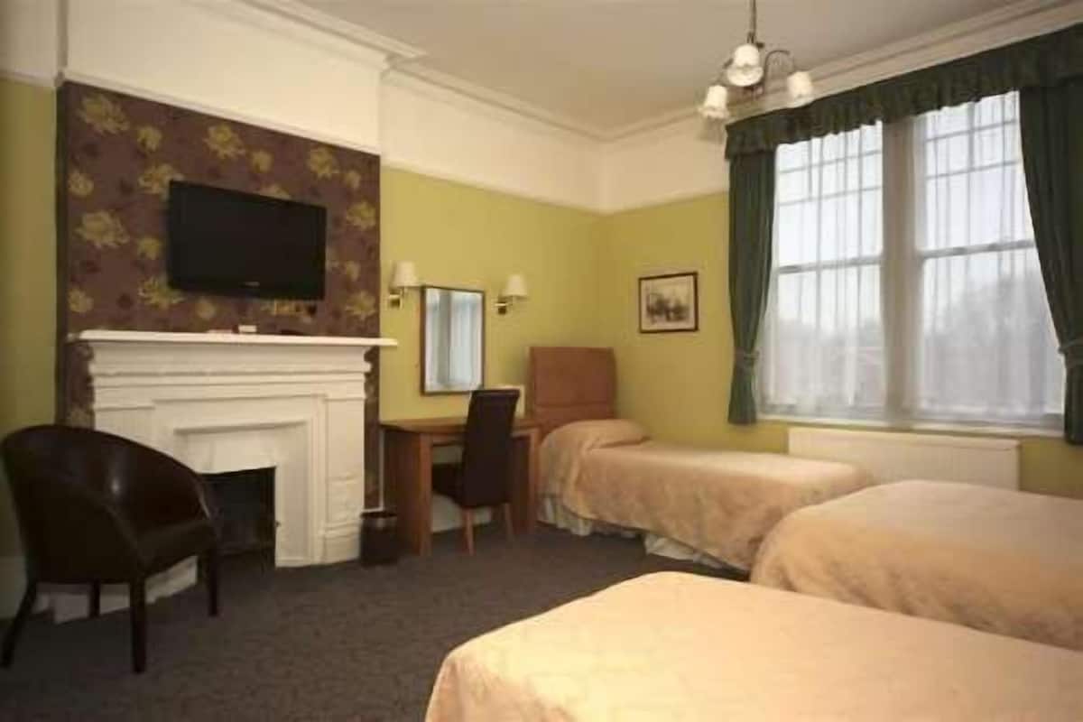 A hotel room with a fireplace, a desk, two beds, a television, and a window with curtains.