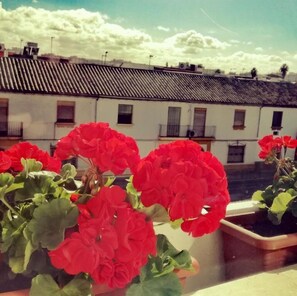 A balcony with red geraniums in pots, overlooking a row of white buildings with dark roofs and small balconies. - Abadi (Córdoba)
