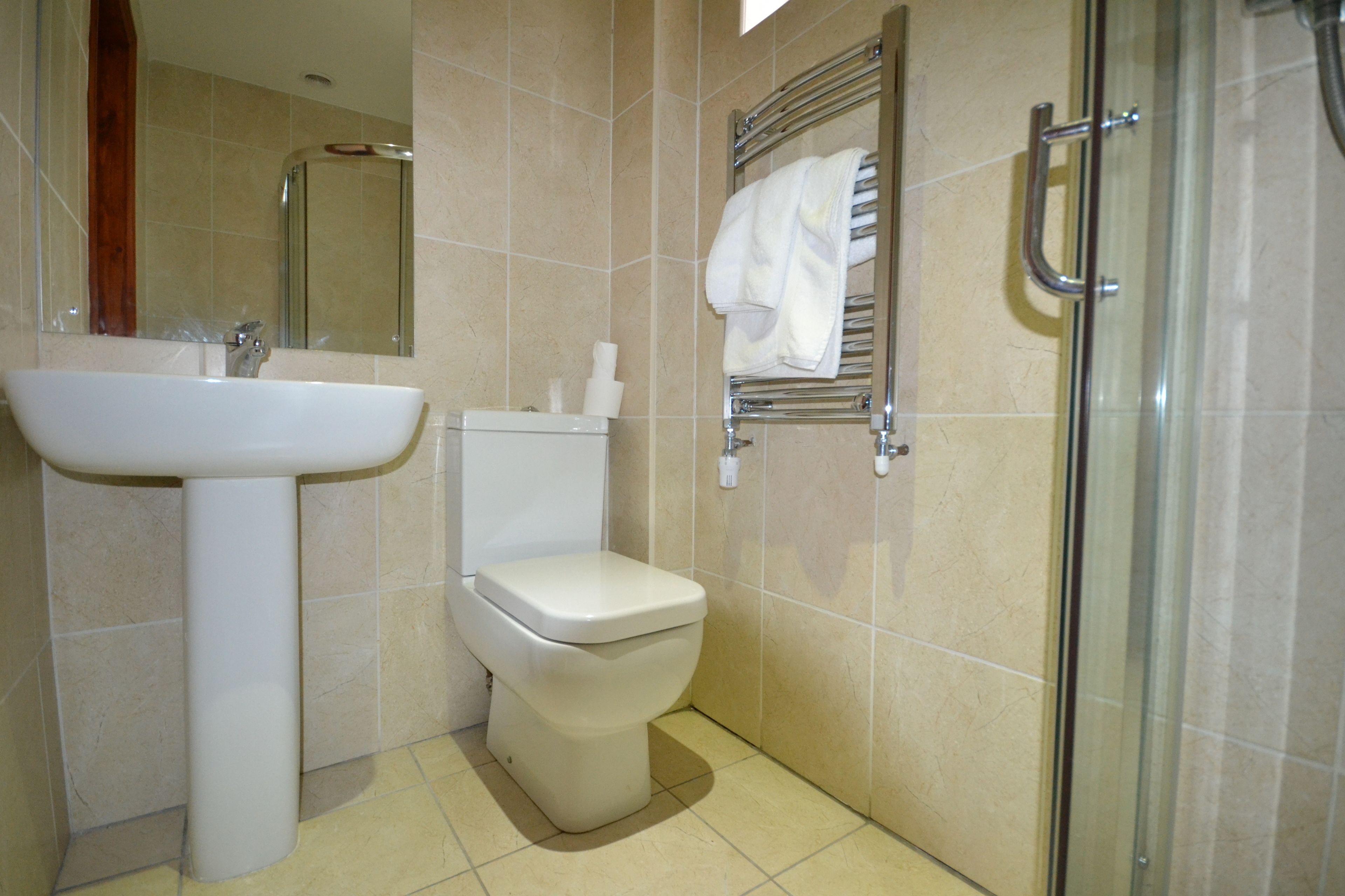 A bathroom with a sink, toilet, and glass shower enclosure.