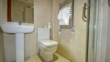 A bathroom with a sink, toilet, and glass shower enclosure.