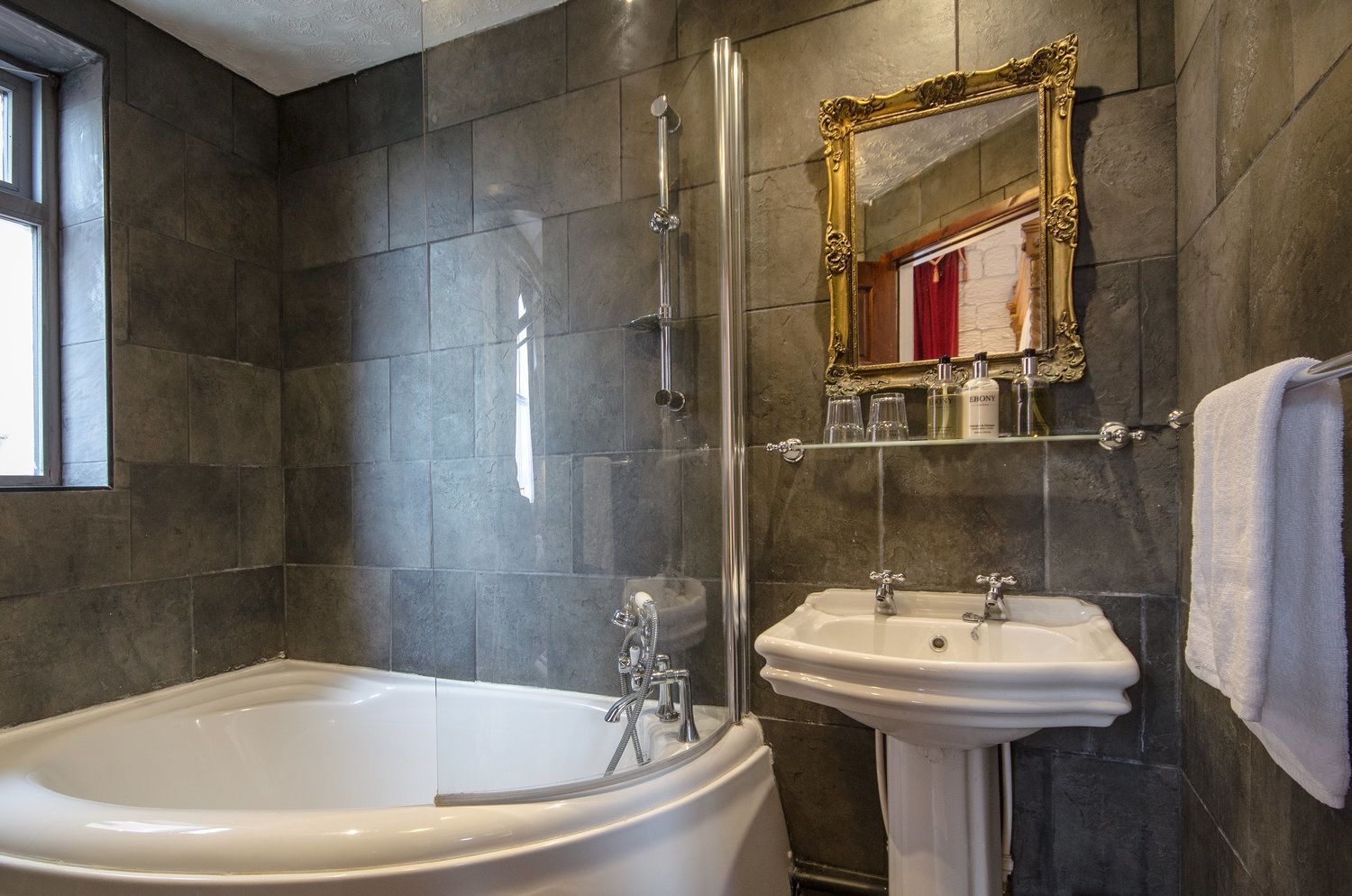 the castle room | bathroom | designer toiletries, hair dryer, towels