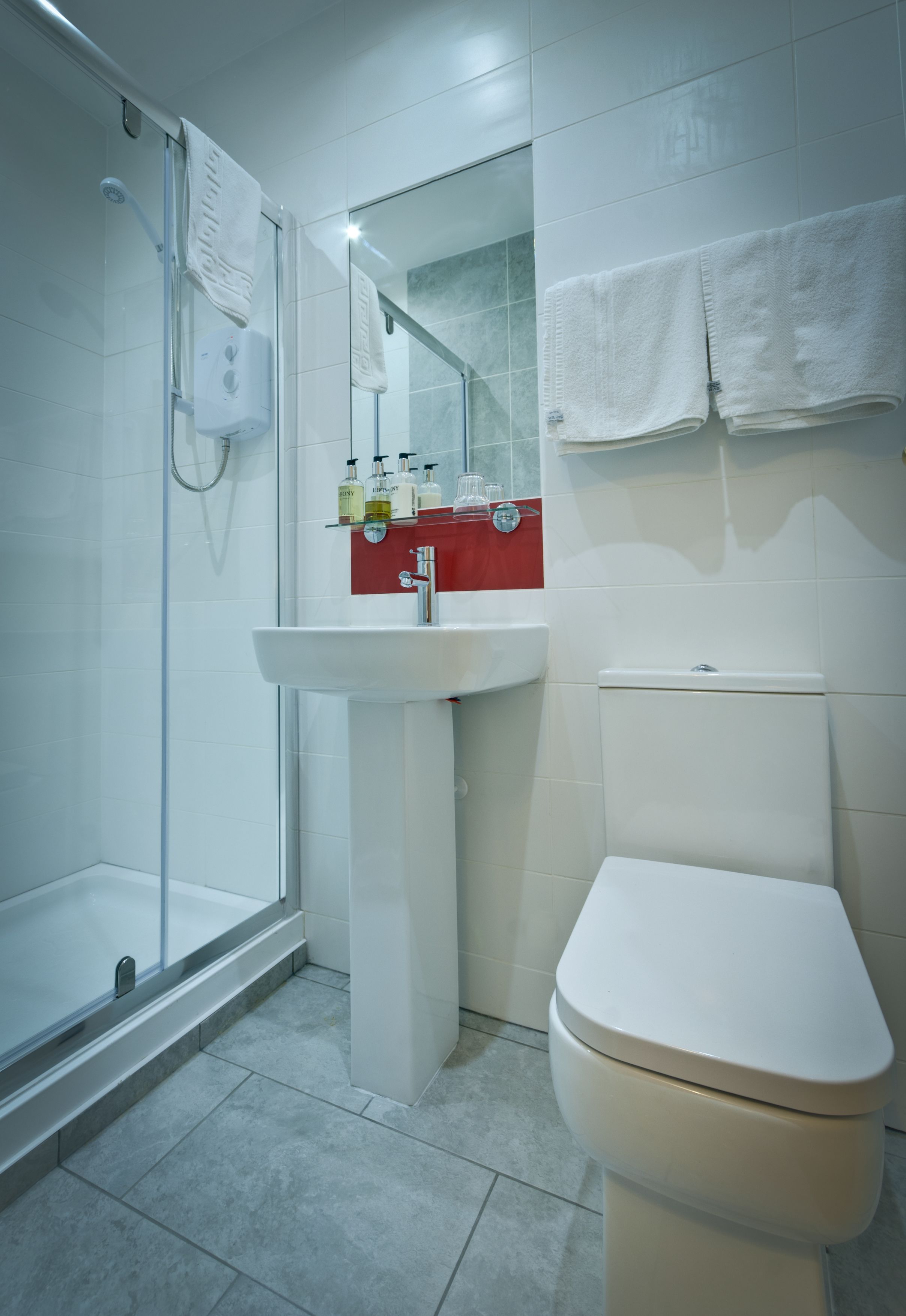 A modern bathroom with a glass shower enclosure, a white sink, and a toilet.