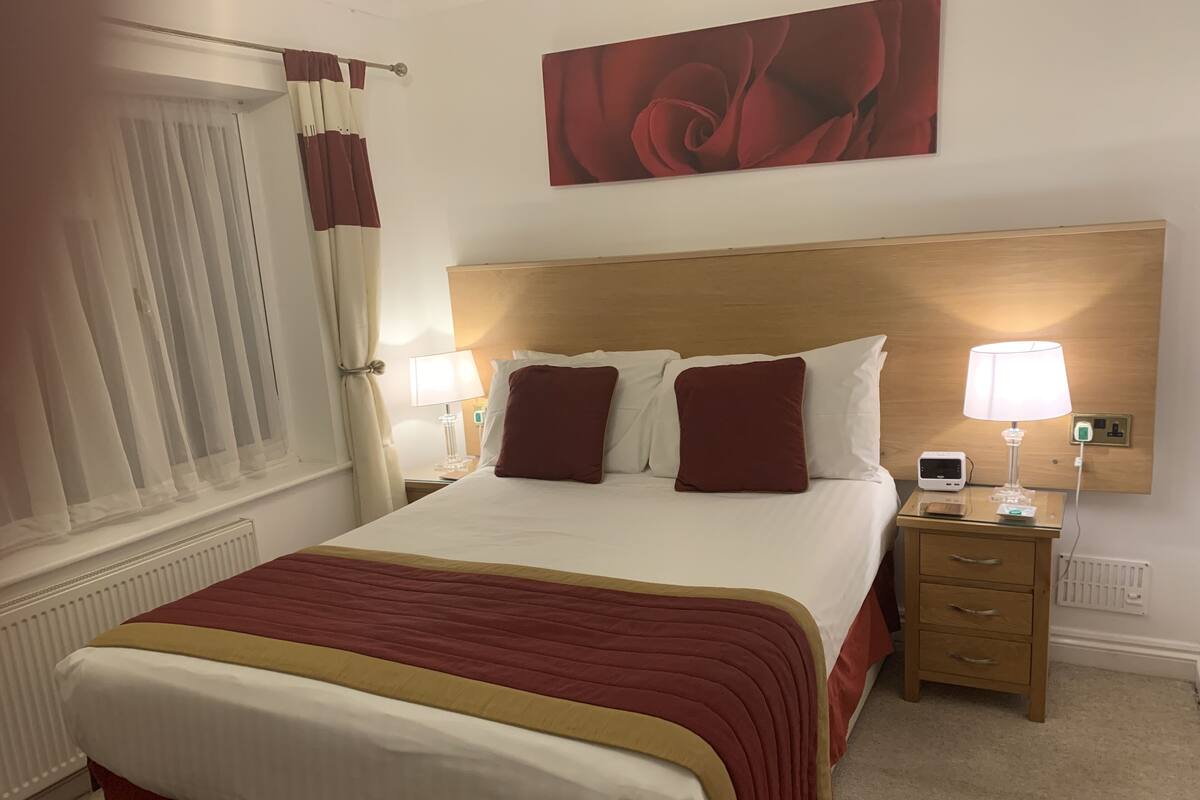 A hotel room with a large bed, two bedside tables, a nightstand, a wall-mounted lamp, a power outlet, and a radiator.