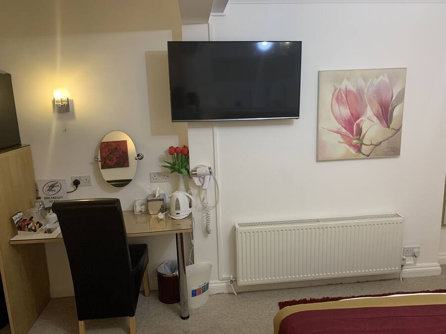 Ein Hotelzimmer mit Bett, Schreibtisch mit Stuhl, Fernseher, Heizkörper, Mülleimer und einer Vase mit Blumen.