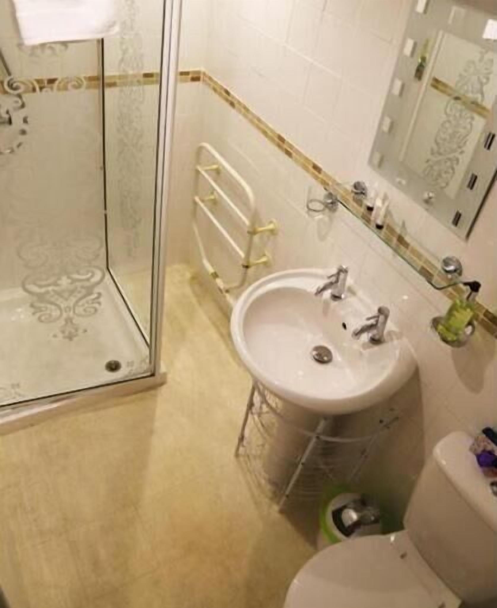 A bathroom with a glass shower enclosure, a sink with a mirror, and a toilet.