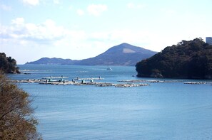 A coastal area with a clear view of the sea, a mountain in the background, and several docks. - Kochoran (Toba)