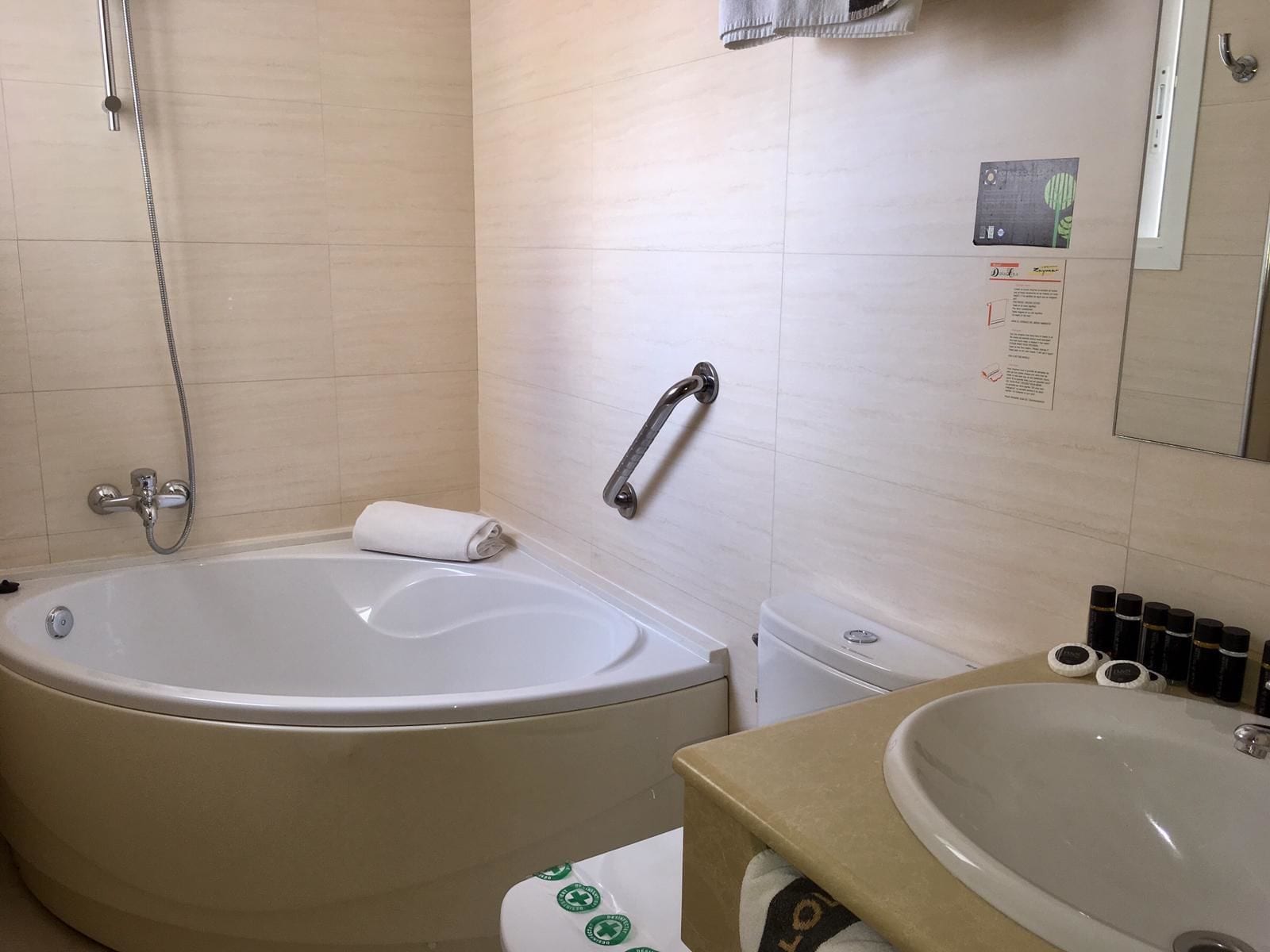 hair dryer, towels, soap, shampoo