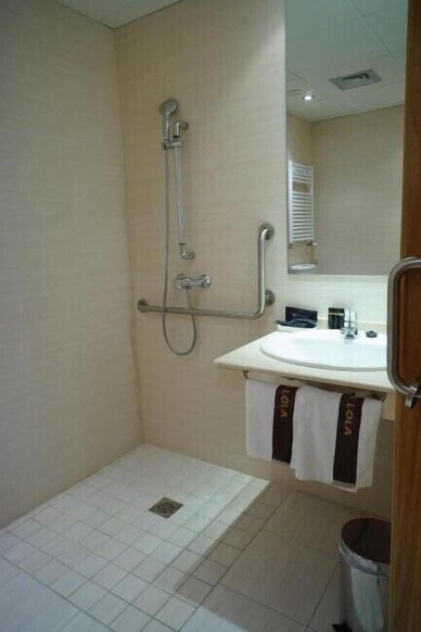 Une salle de bain avec une douche, un lavabo et un miroir.