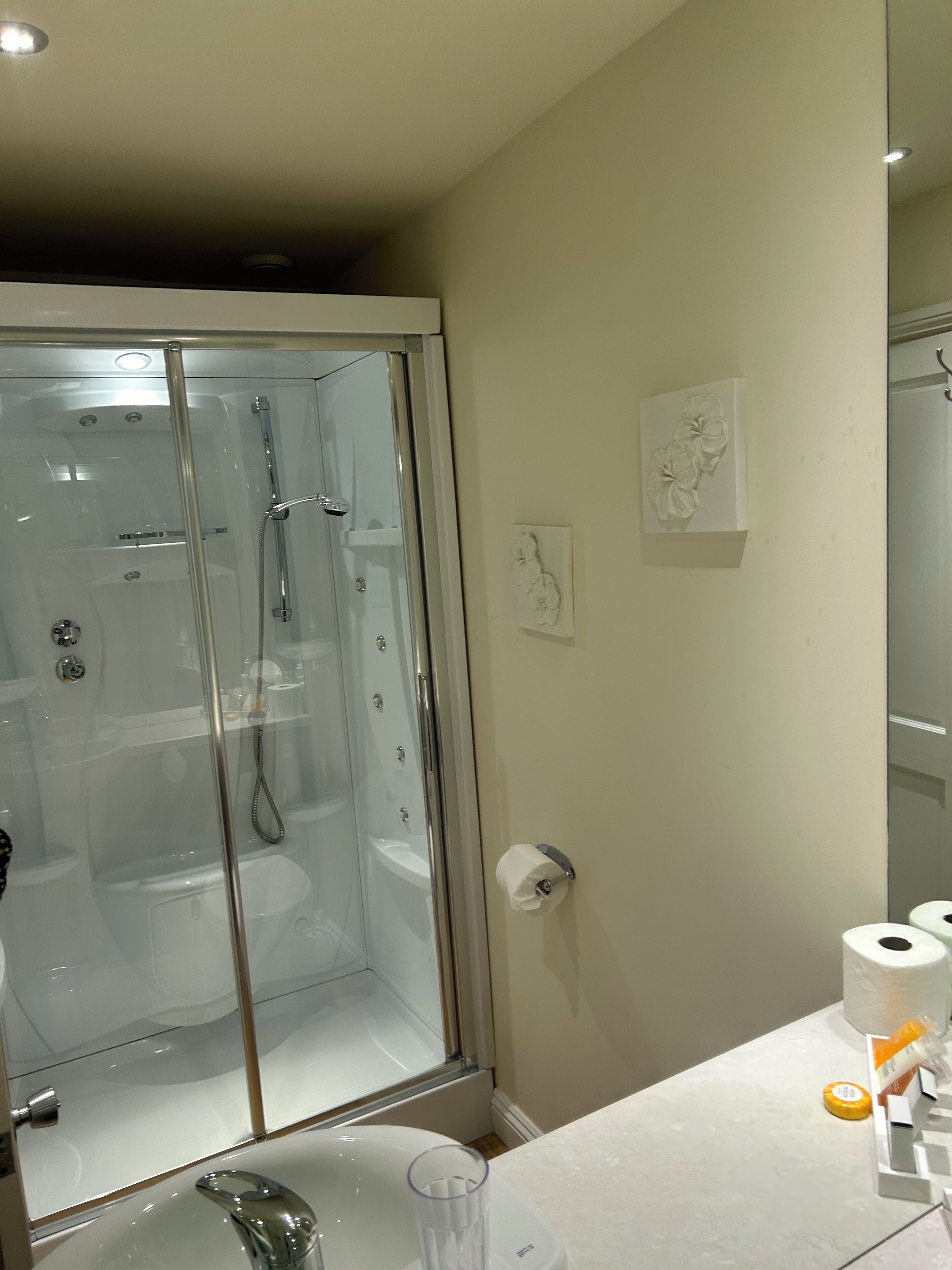 A bathroom with a glass-enclosed shower, a toilet, and a sink.