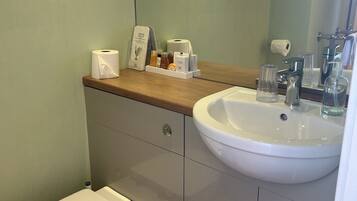 Un baño con inodoro, lavabo y espejo.