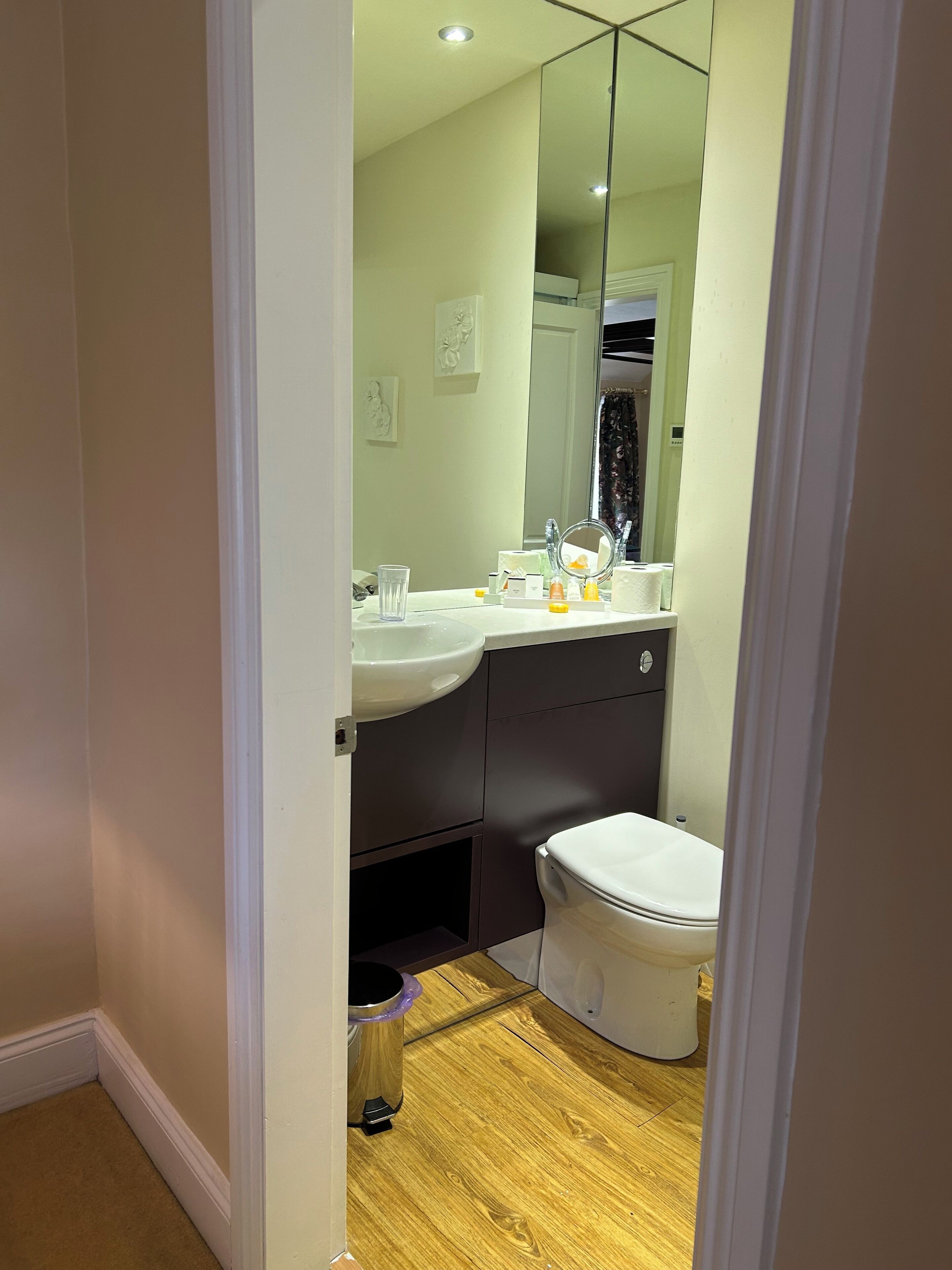 Un baño con lavamanos blanco, espejo e inodoro. Hay un cubo de basura y un mueble pequeño debajo del lavamanos.