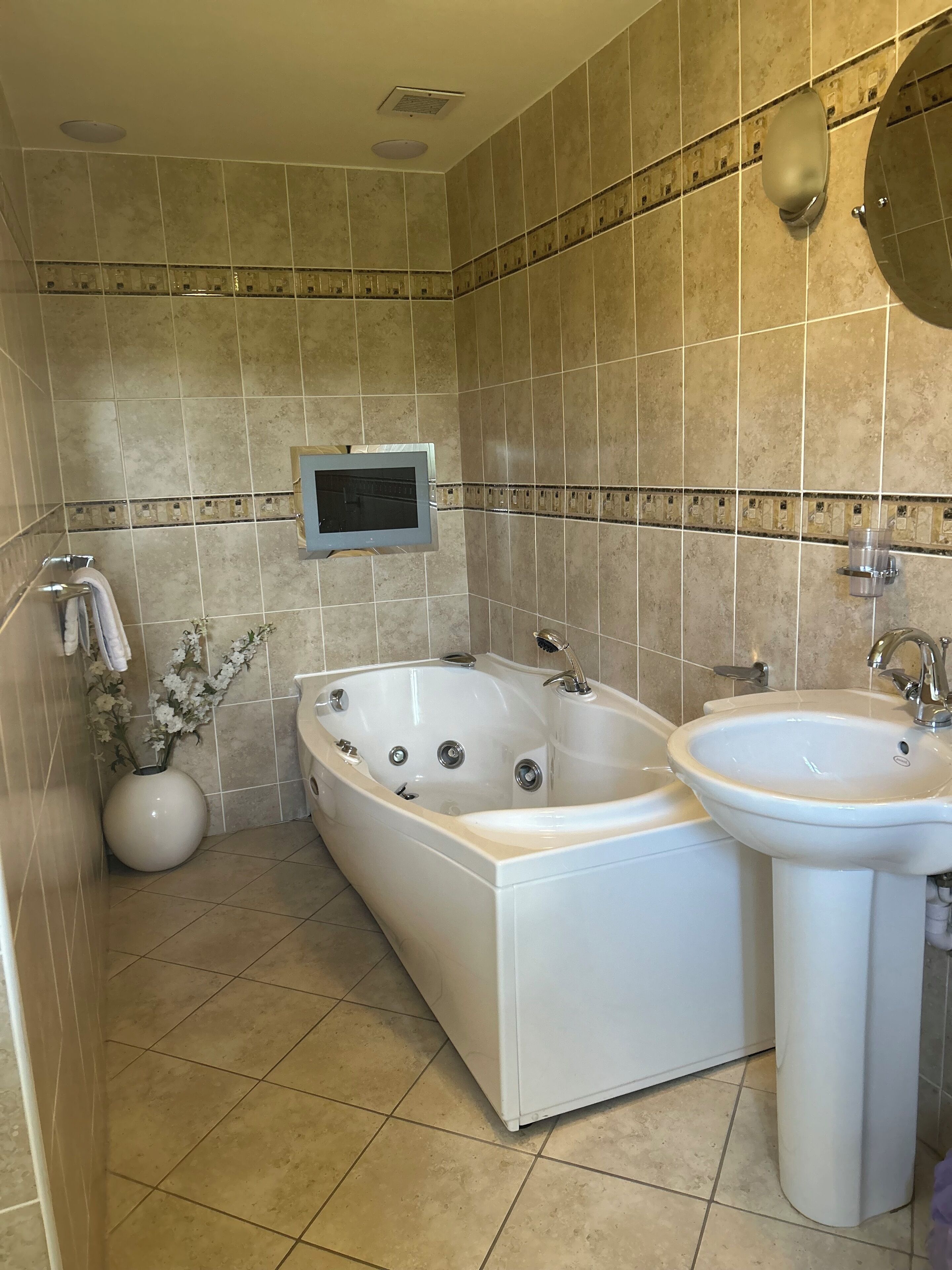 Un bany amb una banyera gran, un lavabo i un televisor fixat a la paret.
