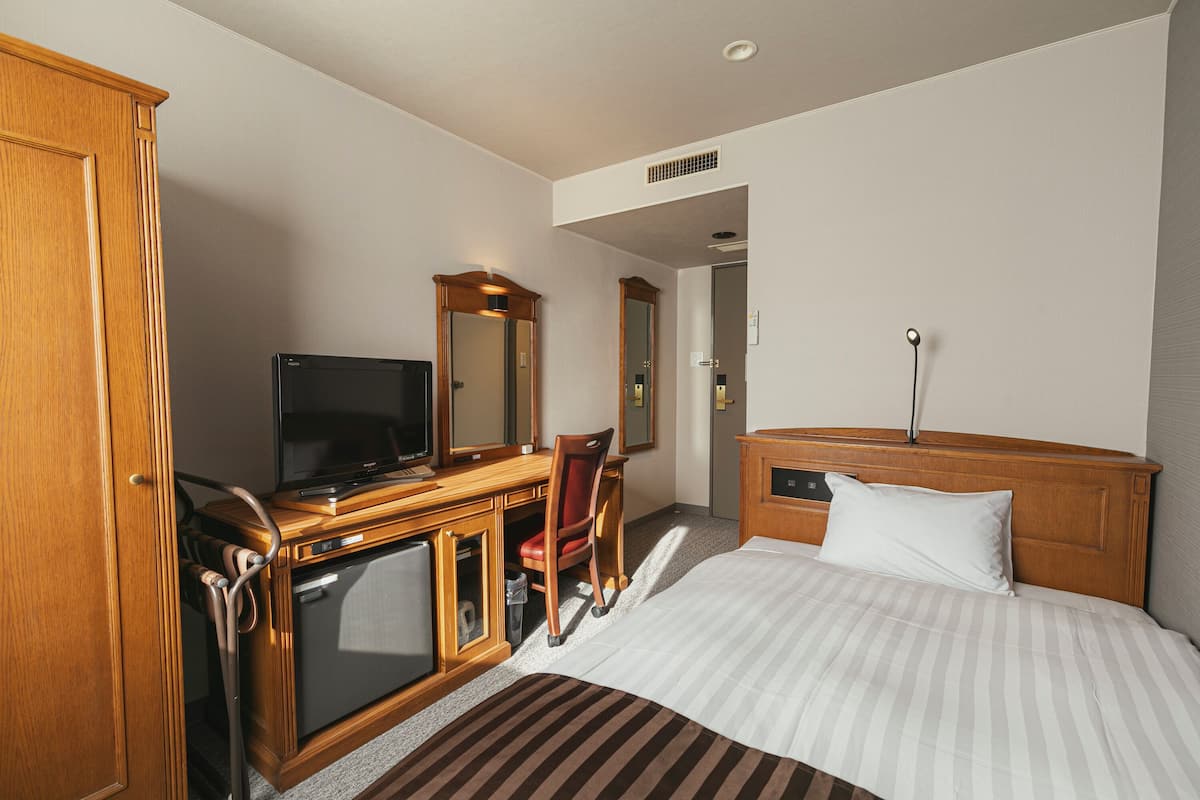 A hotel room with a bed, a desk with a television, a chair, a wardrobe, and a mirror.