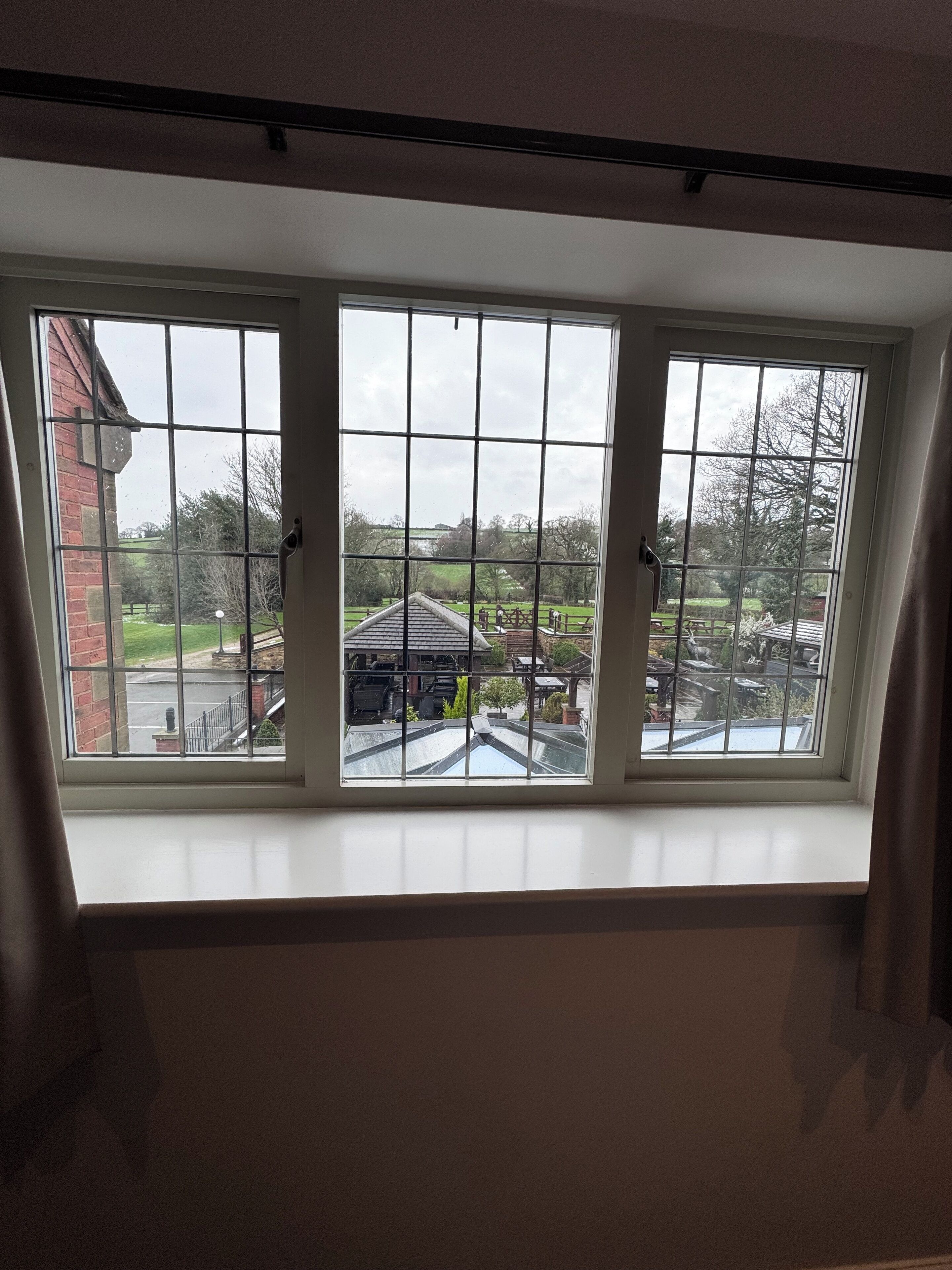 A skylight window with a view of a park and buildings.