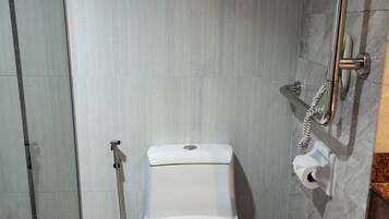 A modern bathroom with a toilet, a shower, and a handrail.