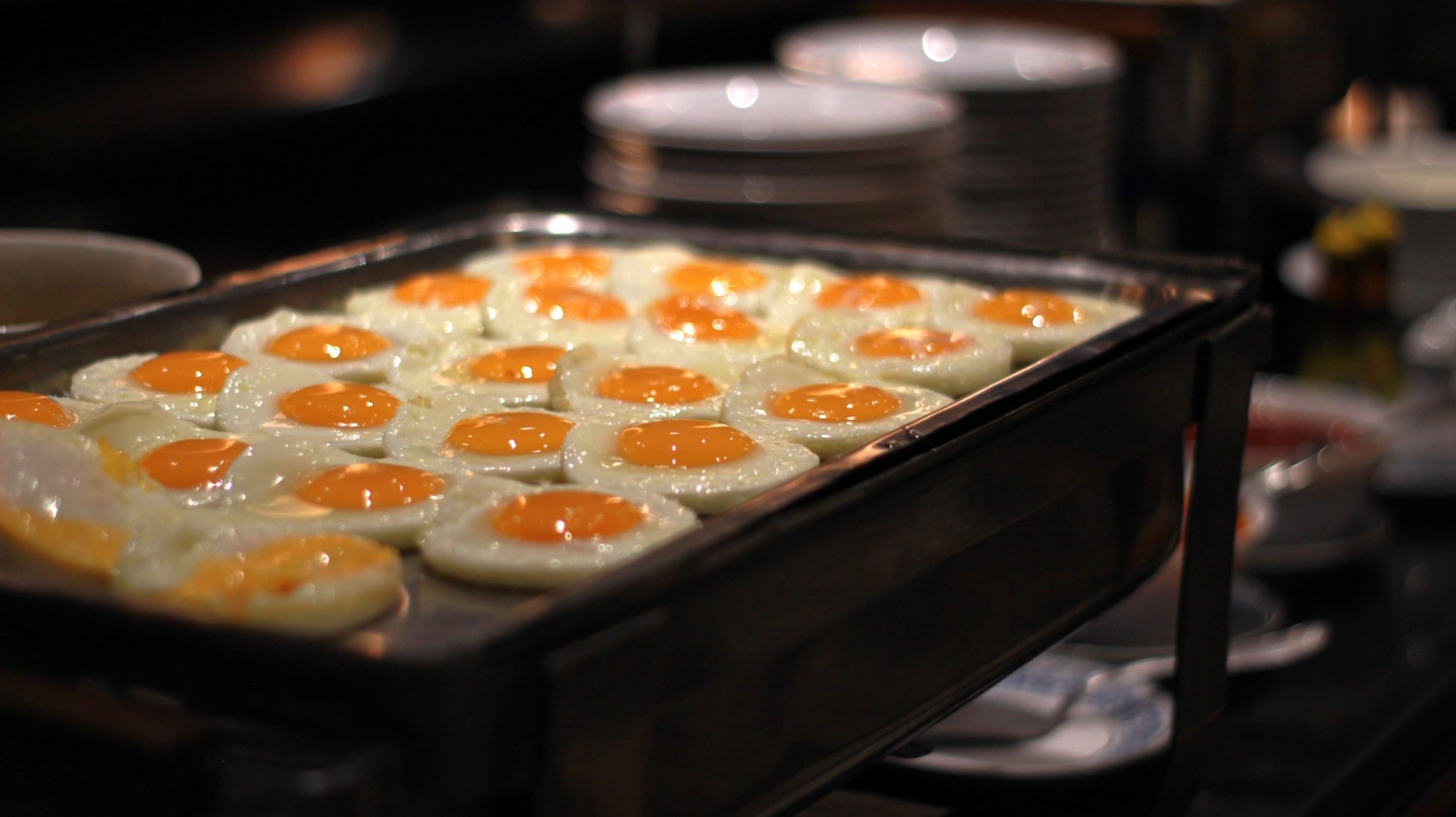 A tray of sunny-side-up eggs.