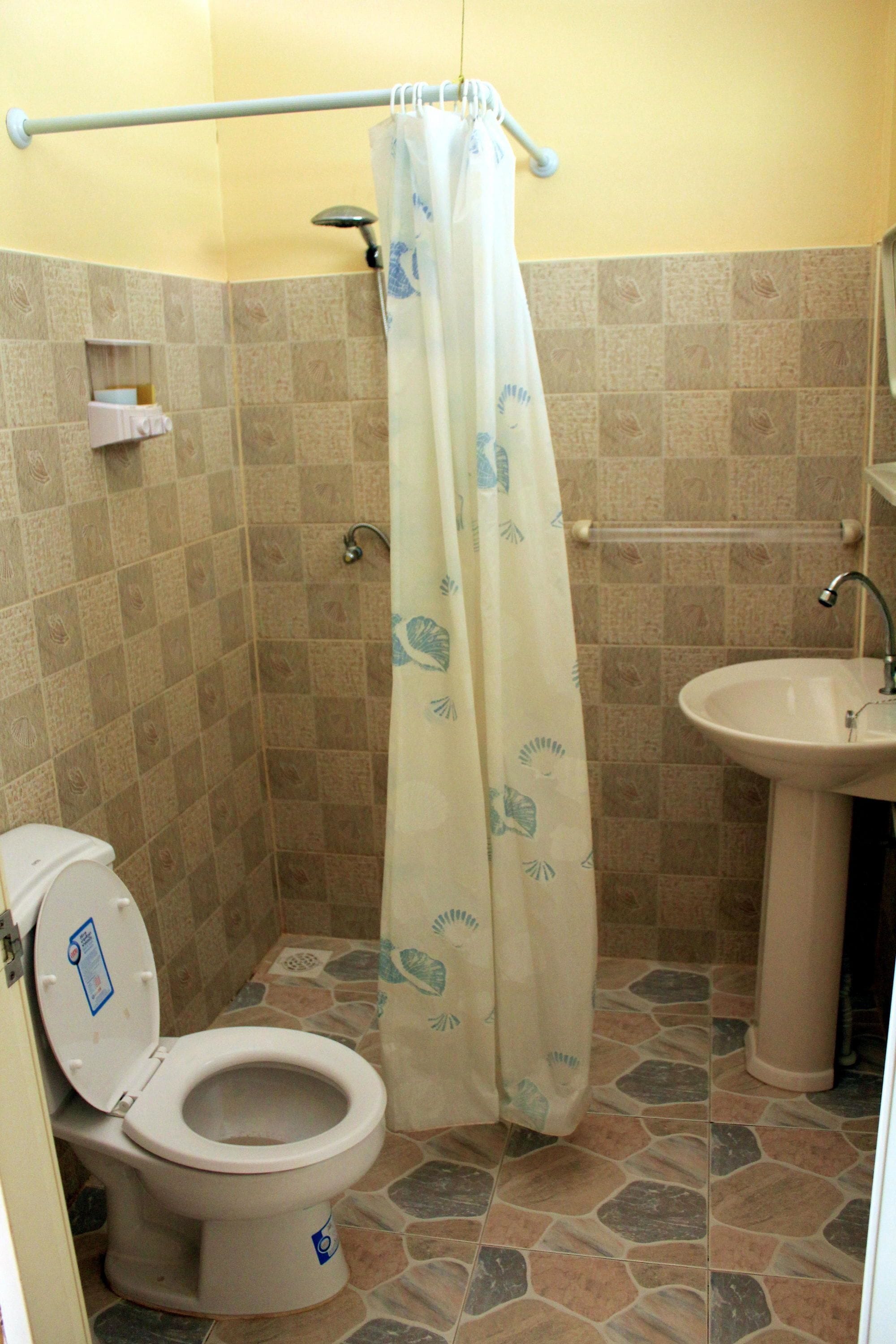Une salle de bain avec des toilettes, un lavabo et un rideau de douche.