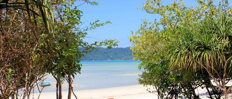 A beach with wooden lounge chairs and a clear view of the sea.