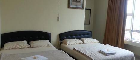 Two single beds with headboards, a framed picture on the wall, and a window with curtains.
